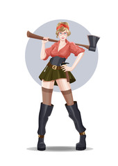 Young sexy girl carpenter with axe in short skirt. Stands on a white background in blue circle. Vector illustration.