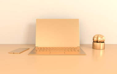 Laptop on work desk mock-up background in modern minimal style. Notebook 3d render. Technology gadget concept. Pastel beige and golden colors