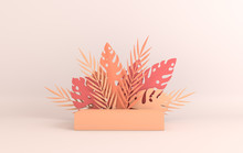 Tropical Paper Palm, Monstera Leaves Frame, Podium Platform For Product Presentation. Summer Tropical Leaf. Origami Exotic Hawaiian Jungle, Summertime Background. Paper Cut 3d Render