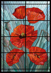 Wall Mural - Stained glass big flowers poppies on a gray turquoise background in a geometric frame. Black lines. Vector full color graphics