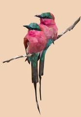 Wall Mural - low poly illustration of two pink and blue colored birds