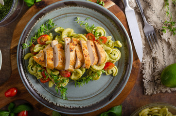 Homemade pesto pasta with grilled chicken