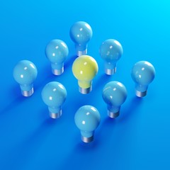 Wall Mural - yellow light bulb among blue light bulbs on blue backgound. minimal idea concept. 3D Render.