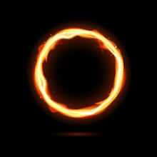 Realistic Fiery Circle. Round Neon Frame. Fire Burning Ring. Magic Gold Circle Light. Vector Template Illustration