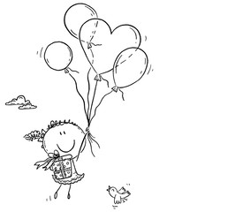 Wall Mural - Girl flying with the balloons and carrying a present, birthday greeting card