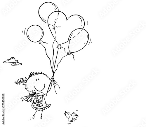 Girl flying with the balloons and carrying a present, birthday greeting card