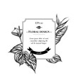 Badge design with black and white gloriosa, anthurium, strelitzia