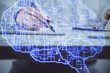 © peshkova - Multi exposure of woman's writing hand on background with brain hologram. Concept of brainstorming.