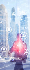 Wall Mural - Vertical Panorama Banner. Double exposure people network structure HR - Human resources management and recruitment concept