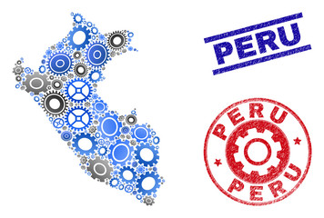 cog vector peru map composition and seals. abstract peru map is formed from gradient randomized cogw