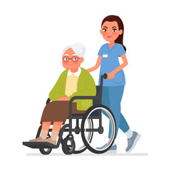 Wall Mural - Nurse carries a grandmother in a wheelchair. Old woman in rehabilitation on a hospital. Caring for the elderly