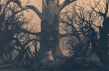 girl running away from ghost tree in creepy forest,3d illustration