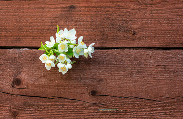  small jasmine bouquet on a wooden board background