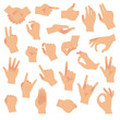 © YummyBuum - Gesturing hands. Hand with counting gestures, forefinger sign. Open arm showing signal, interactive communication vector set