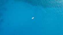 One Romantic Alone Boat In Blue Sea, Bird's Eyes View, Greece, Rhodes Island.