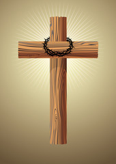 Wooden Cross with Crown of Thorns