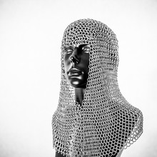 Metal, Viking Helmet With Chain Mail In A Black Mannequin On White Background. Clothes For The Viking War