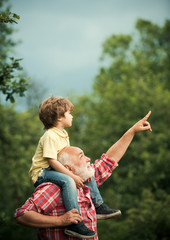 Wall Mural - Happy grandfather and grandson on meadow in summer. Family holiday and togetherness. I love our moments in the countryside - remember time. Happy loving family.