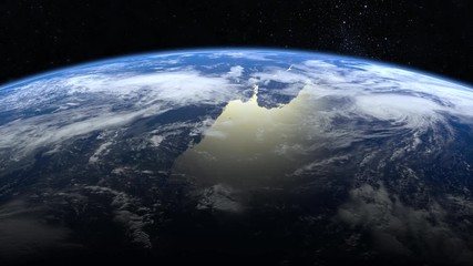 earth from space. the camera is approaching earth. stars twinkle. 4k. realistic atmosphere. 3d volum