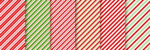 Cane Candy Pattern. Vector. Christmas Stripes Seamless Background. Diagonal Red Green Peppermint Backdrop. Holiday Traditional Wrapping Paper. Abstract Texture. Sugar Lollipop Illustration.