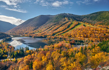 View Of Echo Lake From Artist's Bluff In Autumn. Fall Colours In Franconia Notch State Park. White Mountain National Forest, New Hampshire, USA