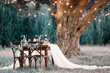 Wedding banquet. Chairs and honeymooners table decorated, served with cutlery and crockery and covered with a tablecloth