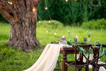 Wedding Table For Two In The Field At The Pine Tree. Chairs And Honeymooners Table Decorated, Served With Cutlery And Crockery And Covered With A Tablecloth