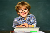 Fototapeta Panele - Back to school and happy time. Funny little boy in glasses on blackboard background. Kid with a book.