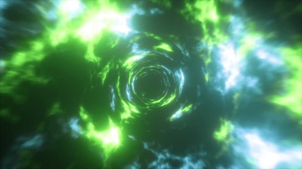 Wall Mural - Flying in a colorful abstract energy tunnel in outer space. Vortex energy flows in modern blue green light. Seamless loop 3d animation