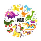 Fototapeta Dinusie - Flat Cute Funny Dinosaurs Round Concept