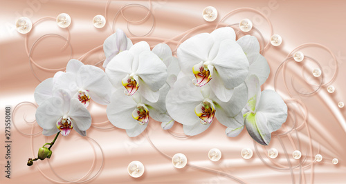 Naklejki storczyki  tapeta-3d-biale-orchidee-i-perly-na-jedwabnym-tle-celebracja-tlo-3d