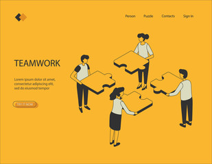 isometric image on a yellow background work together. visualization of characters, men and girls hol