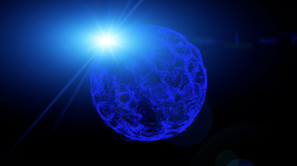 Fototapete - Blue Sphere Plasma Futuristic Scifi Rotate On Space Background. Abstract Glowing Planet Flicker Sun Flare In Universe Concept Design.