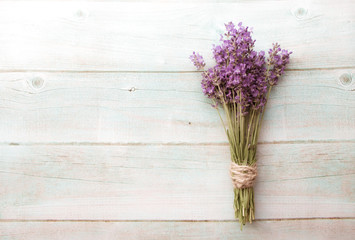 Wall Mural - vintage background of composition of lavender on white wood. border of fresh summer flowers. free sp