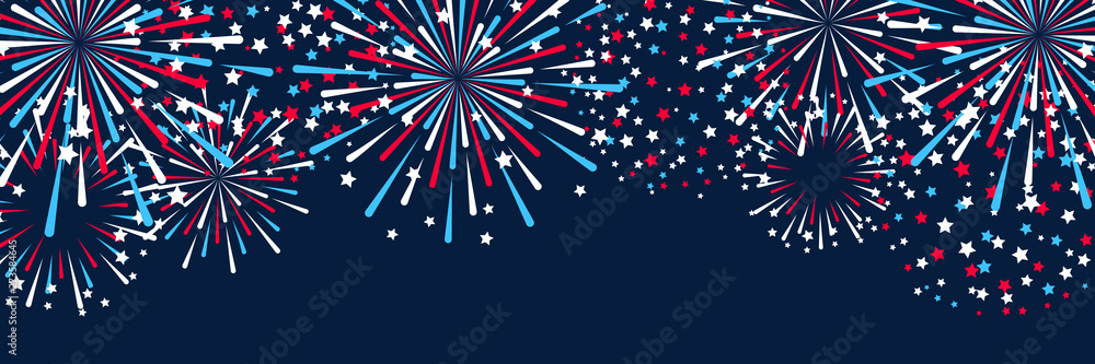 Horizontal panoramic banner with fireworks for Independence day design - obrazy, fototapety, plakaty 