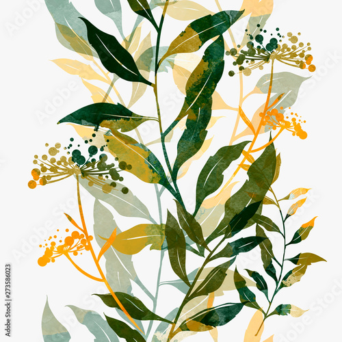 Tapeta ścienna na wymiar floral spring abstract rustic seamless pattern of inflorescences and leaves. digital hand drawn picture with watercolour