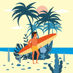 Men surfer character with surfboard in shorts on background of exotic plants of palm sea, ocean