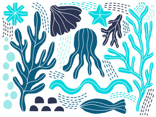 Sea animals marine naive set . Ocean shape plant and animal. Abstract shape simple style. Hand drawing creative art.