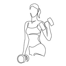 Woman Lifting Weights Continuous One Line Drawing. Female Bodybuilder Vector Hand Drawn