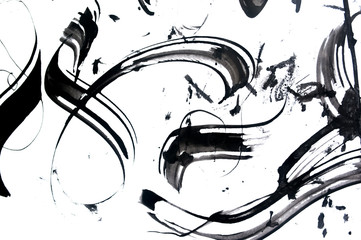 abstract brush strokes and splashes of paint on paper. grunge art hand draen calligraphy background