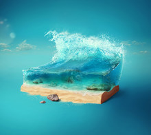 Travel And Vacation Background. 3d Illustration With Cut Of The Ground And The Beautiful Sea Underwater. Baby Sea Isolated On Blue.