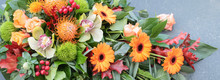 Flower Arrangement. Overhead View And Close Up Of Orange Flowers. Floral  Banner.