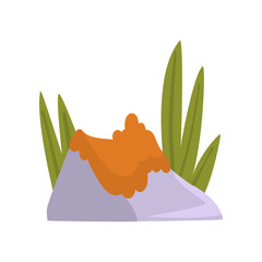 Sticker - Rock Gray Granite Stone with Orange Moss and Green Grass, Natural Landscape Design Element Vector Illustration