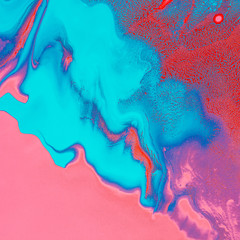 Wall Mural - Acrylic Fluid Art. Glowing pink blue red waves and curls. Abstract neon background or texture