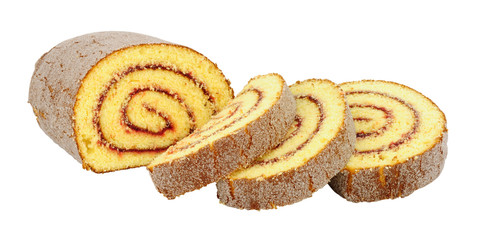 Traditional sponge Swiss roll with raspberry jam flavour filling isolated on a white background