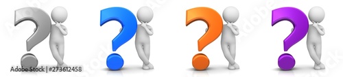 Fotografía question mark 3d silver blue orange purple with white standing thinking asking s