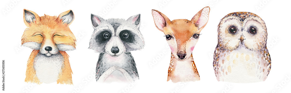 Watercolor set of forest cartoon isolated cute baby fox, deer, raccoon and owl animal with flowers. Nursery woodland illustration. Bohemian boho drawing for nursery poster, pattern - obrazy, fototapety, plakaty 