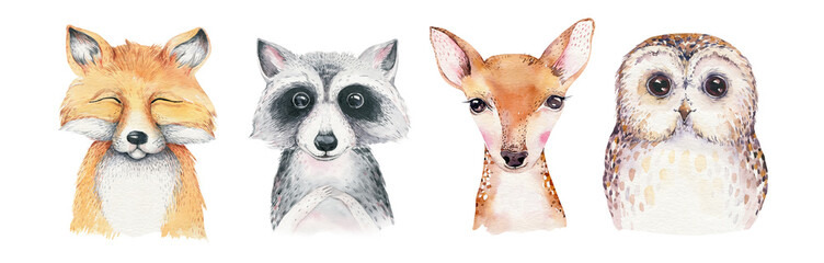 watercolor set of forest cartoon isolated cute baby fox, deer, raccoon and owl animal with flowers. 
