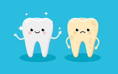 Cleaning and whitening teeth concept vector illustration. Snow-white Happy Tooth and Yellow Moody Tooth Cartoon characters in flat design. Tooth before and after whitening infographic elements.