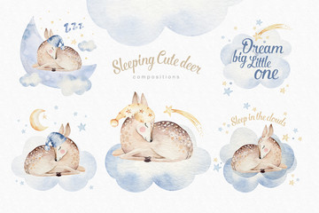 Wall Mural - Cute dreaming cartoon deer animal hand drawn watercolor illustration. Sleeping charecher kids nursery wear fashion design, baby shower invitation card.